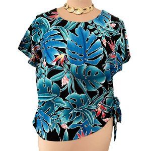 Hilo Hattie Blue Black 100% Cotton Scoop Neck Short Sleeve Blouse with Tie Waist